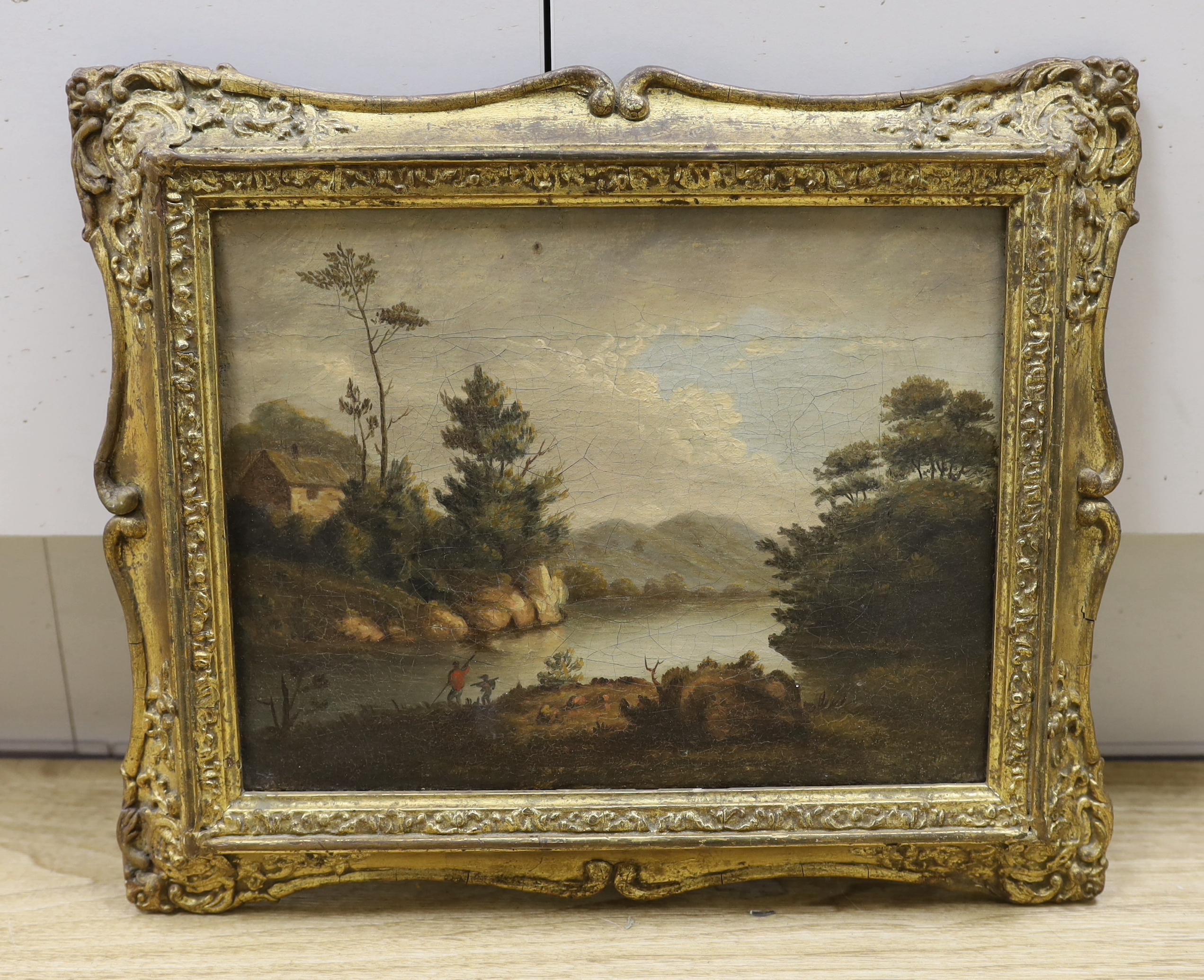 English School c.1800, oil on canvas, River landscape with anglers, 23 x 30cm, ornately framed